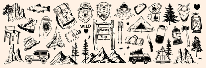 Camping doodle icon set, hand drawn forest adventure line sticker, vector mountain hiking objects. Cute bear logotype, outdoor activity adventure badge print, campfire, backpack, tent. Camping doodle © Oleksandra