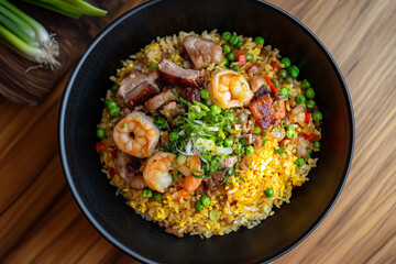 Chinese fried rice stir-fried with golden rice grains, scrambled egg, diced BBQ pork, shrimp, green peas, and finely chopped scallions. 