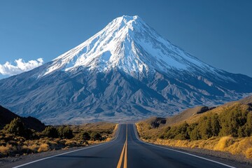 Snow-capped mountain with a straight open road leading towards its towering peak under a clear blue sky

