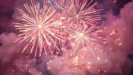 Obraz premium Pink Fireworks Display: A burst of vibrant pink fireworks illuminates the night sky, casting a magical glow against a backdrop of soft, ethereal clouds.