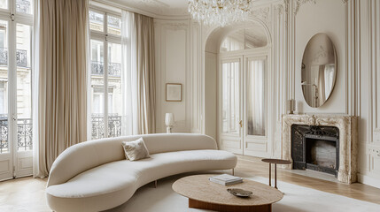 Elegant living room with curved sofa, marble fireplace, and large windows, creating a bright, luxurious space.