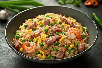 Fototapeta premium Chinese fried rice stir-fried with golden rice grains, scrambled egg, diced BBQ pork, shrimp, green peas, and finely chopped scallions. 