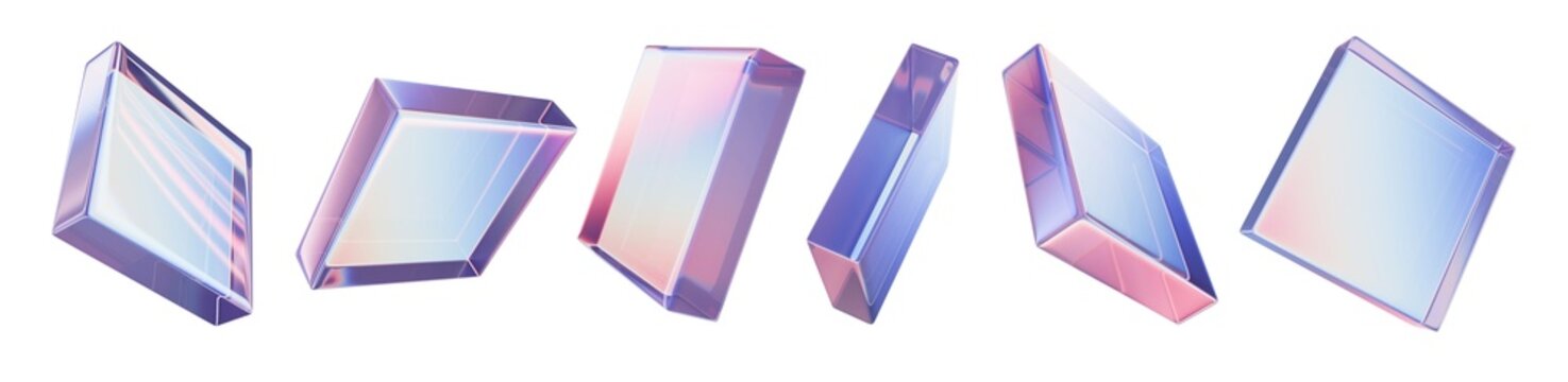 3D glass square shape set, transparent gradient geometric figure, purple plastic rectangle ice plate. Acrylic futuristic tile angles, flying holographic design object collection. 3D square block icon