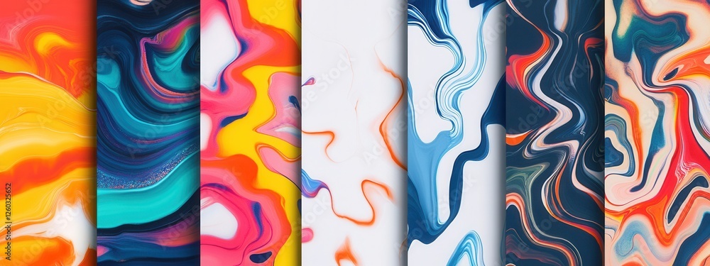 Poster vibrant abstract patterns on white, a collection of colorful, editable designs showcasing dynamic sh