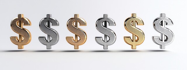 Metallic Dollar Symbols on White Background, a striking visual of currency representation, reflecting wealth and financial themes