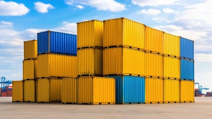 Fototapeta premium A stack of colorful shipping containers in blue and yellow against a clear sky, symbolizing logistics and trade.