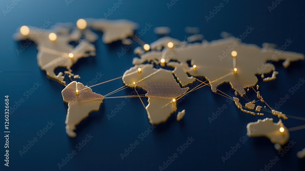 Poster golden world map highlighting global communication and business through interconnected points of lig