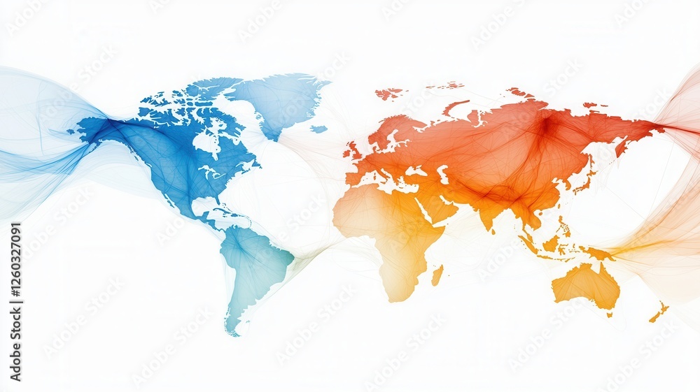 Poster abstract image depicting global communication with colorful waves flowing over a world map, symboliz