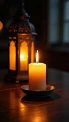 A lone candle flame burning brightly on a dark wooden table, illuminated by an ornate lantern, flame, warm, candle