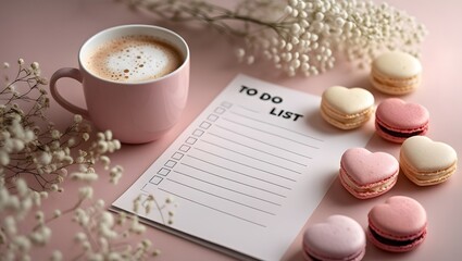 A cozy scene with a pink mug of coffee, a "To Do" list notepad, and heart-shaped macarons, styled in soft pastel tones with delicate floral accents, suggesting a relaxing and organized start to the da