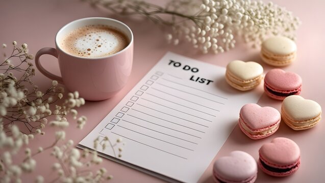 A cozy scene with a pink mug of coffee, a "To Do" list notepad, and heart-shaped macarons, styled in soft pastel tones with delicate floral accents, suggesting a relaxing and organized start to the da