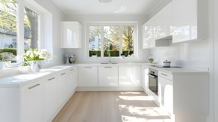 Fototapeta premium Modern white kitchen, sunlight, garden view, home design