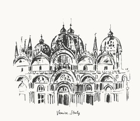 Hand drawn Venice architecture urban sketch. Black ink landscape line drawing of Italy ancient cathedral. Travel background for cards and posters.