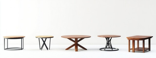 Variety of tables including coffee, dining, and side tables displayed against a clean white backdrop, showcasing diverse designs and functions
