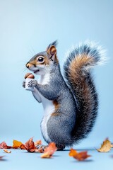 Fototapeta premium Adorable Grey Squirrel Holding an Acorn on a Light Blue Background