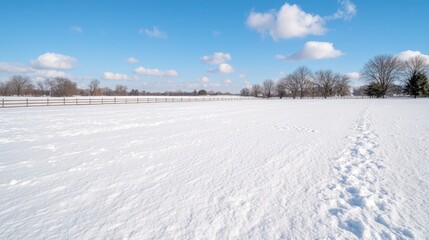 Obraz premium Snowy field with trees and a fence line under a clear sky. Ideal for winter nature photography