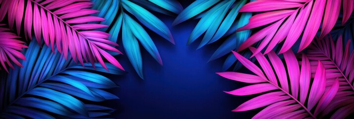 Obraz premium Vibrant palm leaf design tropical oasis digital art neon pink blue and purple background abstract