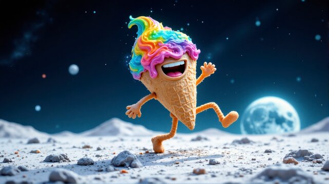 A cartoon character with rainbow hair is standing on a snowy surface with a gian