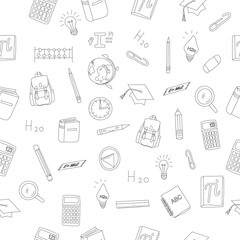 Hand Drawn School and Education seamless pattern. hand drawn stationery design for back to school concept on seamless pattern banner background.hand drawn School Supplies element set.
