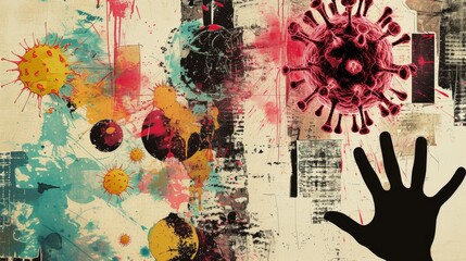 Obraz premium A striking abstract collage featuring virus imagery, a hand silhouette, and vibrant textures, evoking themes of health and uncertainty. AI generated.