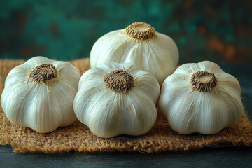 Obraz premium Fresh garlic bulbs placed on a rustic brown mat