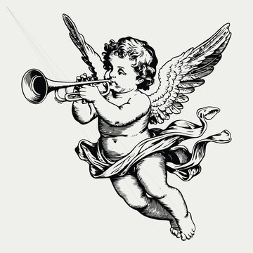 Angel Baby Draw Illustration Black And White Cupid