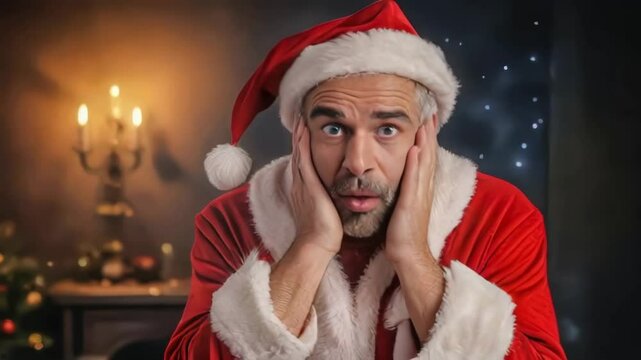 Portrait of cute emotional Santa Claus in red traditional suit