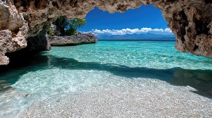 Fototapeta premium Tropical Cave Beach, Tranquil Waters, Sunny Day, Scenic View, Relaxing Escape