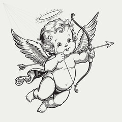 Fototapeta premium Angel Baby Draw Illustration Black And White Cupid