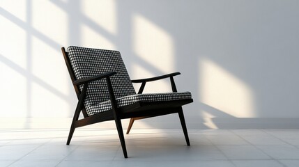 Patterned chair in room with white walls and sunlight; interior design display