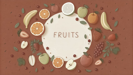 A colorful variety of fresh fruits arranged in a circular pattern along the edges, leaving space for a title.
