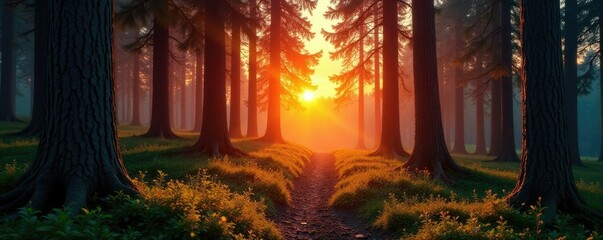 Forest at sunset with forest floor and tree trunks, trunk, forest
