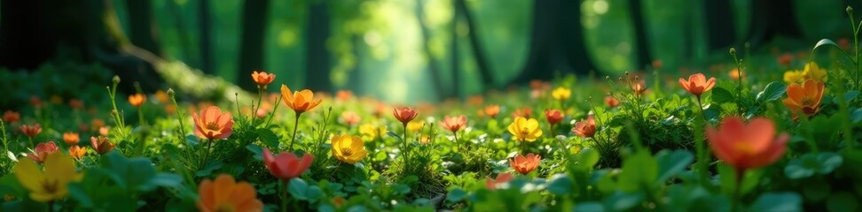 Obraz premium Forest floor covered in a carpet of small, colorful blooms, greenery, foliage, woodland