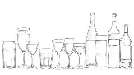 Different alcohol drinks set  - beer, wine, cocktail,juice, champagne, scotch, soda