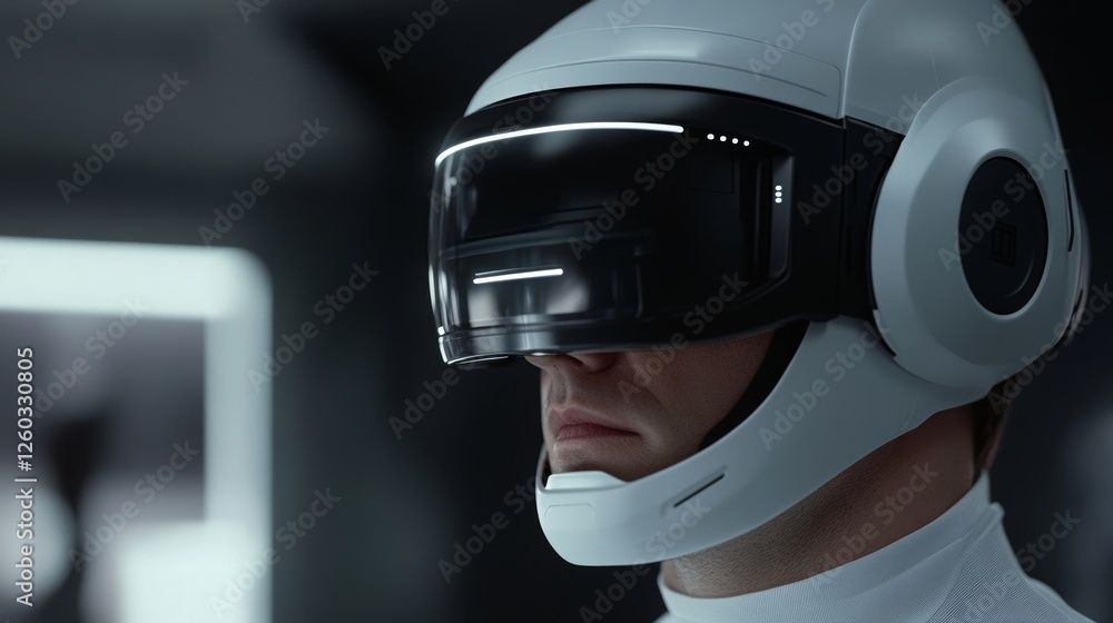 Poster futuristic human wearing advanced virtual reality helmet in a high-tech environment exploring digita