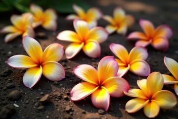 Fototapeta premium Frangipani flowers scattered on the ground with sunlight, natural, botanical, earthy