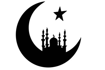 Eid Mubarak logo, black silhouette of an Islamic mosque and a crescent with a star, Ramadan vector illustration