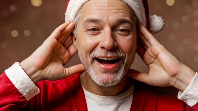 Portrait of cute emotional Santa Claus in red traditional suit