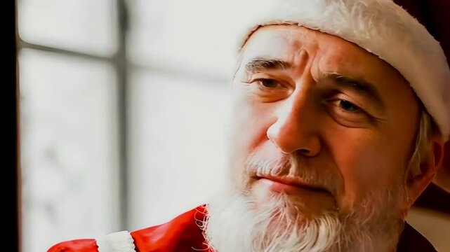 Portrait of cute emotional Santa Claus in red traditional suit