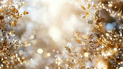 Fototapeta premium Golden Sparkle: Shimmering Plants and Flowers in Bokeh Background - Festive, Elegant, and Luxurious Nature Photography