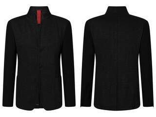 Portrait of men's suit jacket ( blazer ) isolated in white background, invisible ghost mannequin. Fashion industry high-quality studio shot photography. Front and back view.