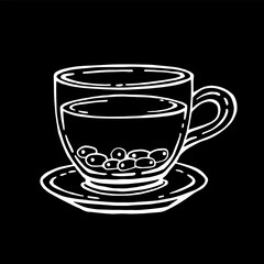 Glass cup of tea, sea buckthorn. Hand drawn vector illustration in outline style.