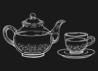 Tea set with glass teapot and cup, barberry tea. Hand drawn vector illustration in outline style.