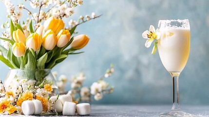 Refreshing Spring Cocktail with Yellow Tulips and Marshmallows on Soft Blue Background