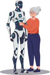 Elderly Woman Interacting with Humanoid Robot - Futuristic Illustration