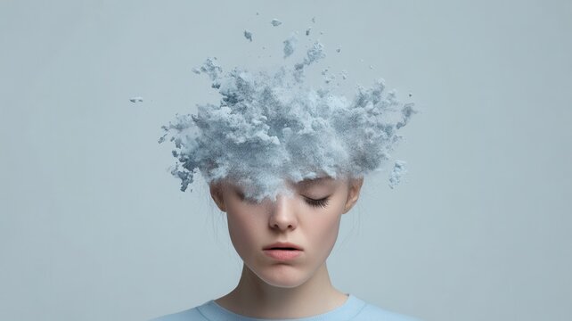 Profile of a young woman with her head exploding into pieces, representing mental health issues and emotional stress trauma