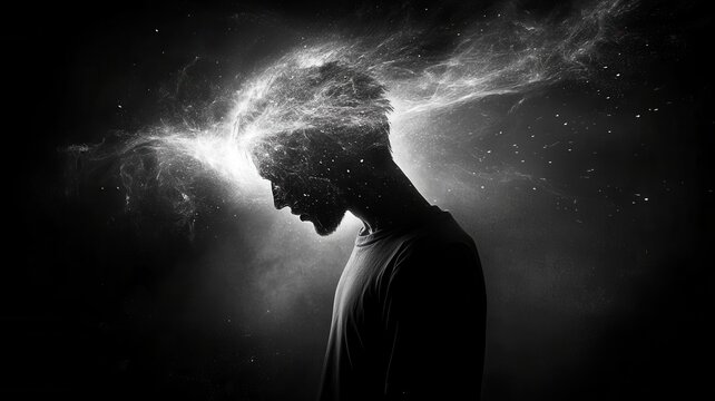 Profile of a man with fire and fragments exploding from his head, symbolizing stress, burnout, and mental health issues trauma