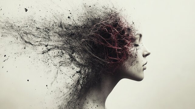 Profile of a young woman with her head exploding into pieces, representing mental health issues and emotional stress trauma