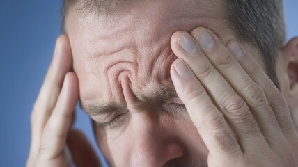 Fototapeta premium Businessman suffering intense migraine, pressing temples with fingertips, facial muscles tense from sharp head pain