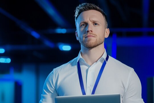 Serious IT worker with laptop in server room monitors network security